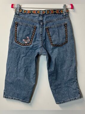 Y2K BLUENOTES women's blue hippie floral butterfly embroidered denim capris, 28"